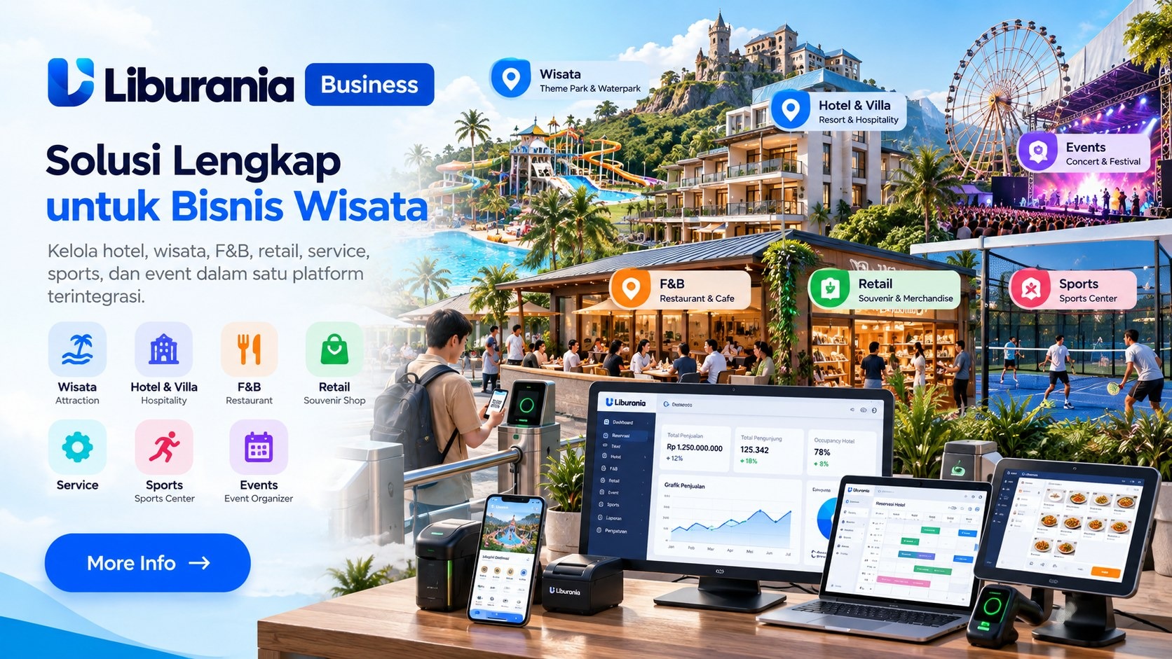 Liburania Business: solusi lengkap untuk bisnis wisata. Kelola hotel, wisata, F&B, retail, service, sports, dan event dalam satu platform terintegrasi.